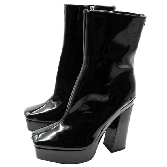 GUESS • Black Leather Square Toe Heeled Boots - Picture 6 of 6